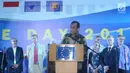 Menteri Perhubungan, Budi Karya Sumadi memberi sambutan pada perayaan Europe Day 2018 di Jakarta, Rabu (9/5). Selain Menhub, Menteri Luar Negeri Retno Marsudi turut hadir dalam acara tersebut. (Liputan6.com/Helmi Fithriansyah)