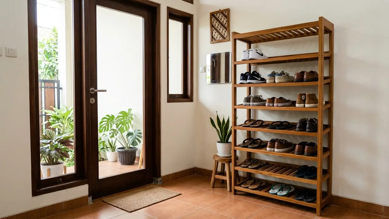 Model Rak Sepatu Berventilasi di Area Pintu Masuk Rumah