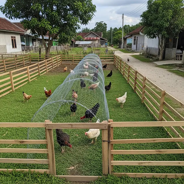 Model Kebun Ayam Umbaran dengan Pagar Sederhana di Desa (Image by Gemini AI)