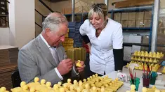 Pangeran Charles melukis sabun wangi berbentuk bebek selama kunjungannya ke pabrik laboratorium Parfumerie Fragonard di Eze, dekat Nice, Prancis selatan, (7/5). (AFP Photo/Pool/Boris Horvat)