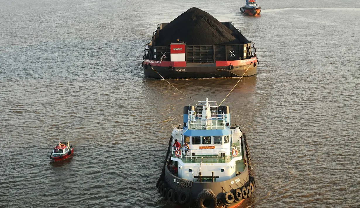 Tongkang batu bara terlihat di Sungai Mahakam di Samarinda, Kalimantan Timur, Indonesia, pada 19 Agustus 2026. (AP Photo/Ahmad Mulia Panjaitan)
