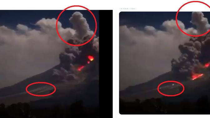 Tangkapan layar dari video yang diklaim sebagai erupsi Gunung Semeru (kiri) dan tangkapan layar dari video guguran awan panas Gunung Sinabung yang ada di akun Twitter Sutopo Purwo Nugroho (kanan).