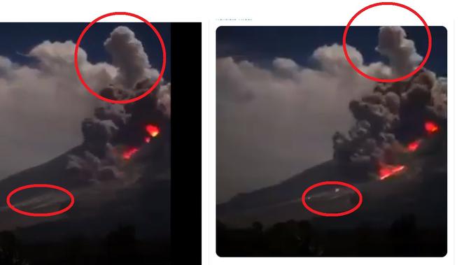 Tangkapan layar dari video yang diklaim sebagai erupsi Gunung Semeru (kiri) dan tangkapan layar dari video guguran awan panas Gunung Sinabung yang ada di akun Twitter Sutopo Purwo Nugroho (kanan).