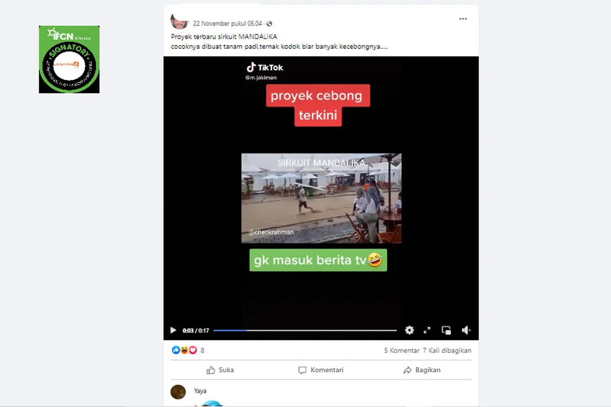 Cek Fakta Liputan6.com menelusuri klaim tidak ada stasiun tv yang memberitakan kondisi genangan air Sirkuit Mandalika