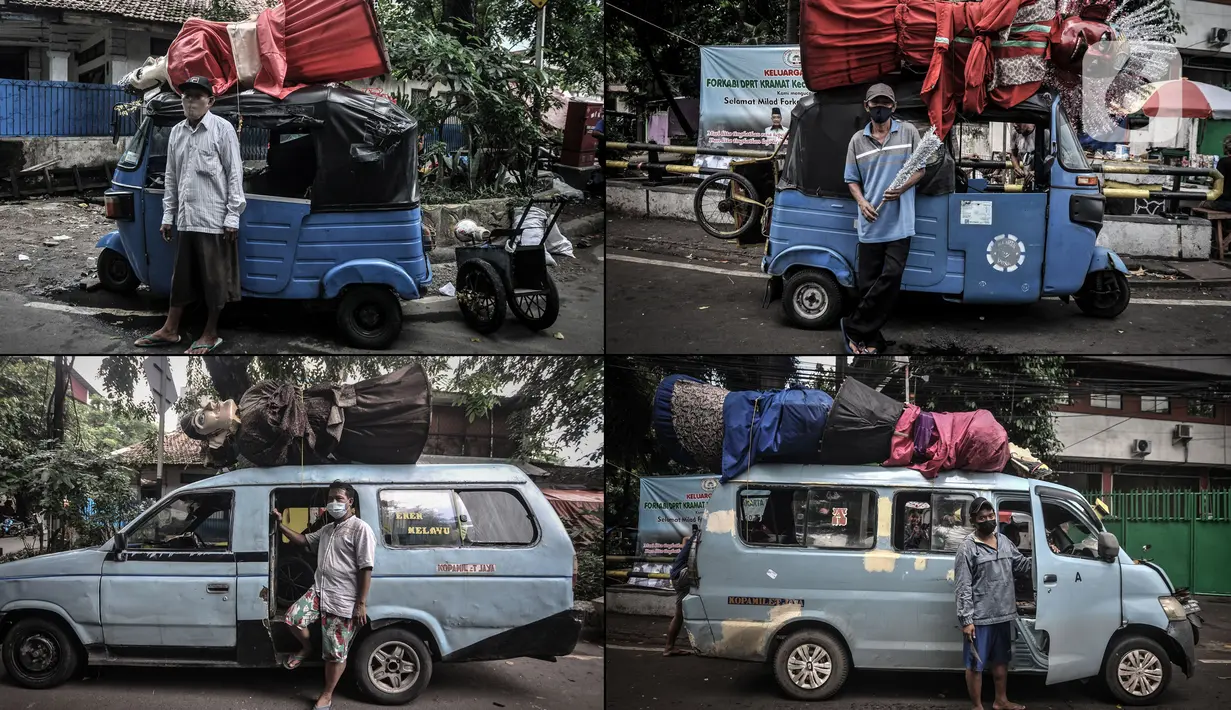 Foto kombinasi para sopir angkot dan bajaj berpose di kawasan Kramat Pulo, Senen, Jakarta Pusat, Selasa (22/6/2021). Bagi para sopir, menjadi pengangkut ondel-ondel merupakan kerja sampingan yang sangat membantu perekonomian mereka. (merdeka.com/Iqbal S. Nugroho)