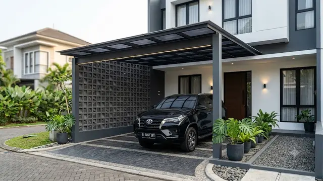 Desain Carport dengan Roster dan Kanopi Baja Ringan (AI Generated)