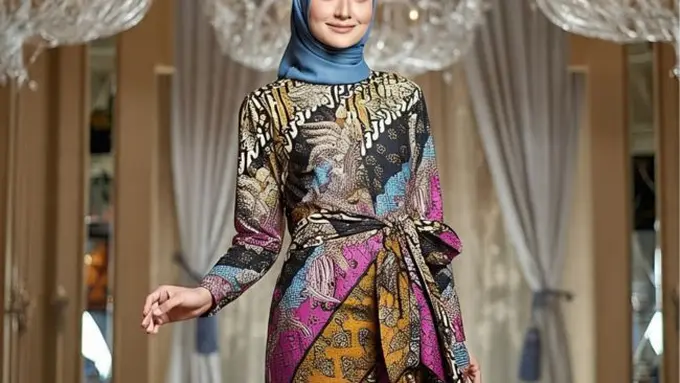 Ilustrasi Dress Batik Kombinasi Brokat Hijab (Sumber Gambar: Meta AI)