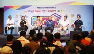 (Kiri Ke Kanan) Executive Vice President PLN, Gregorius Adi Trianto; Senior Vice President Vidio , Eva Stephanie Kurnia; Hendy Lim (CEO Nex Parabola), Imam Sudjarwo ( Ketua PBVSI),  Reginald C. Nelwan (Ketua Bidang Kompetisi PBVSI), David Setiawan Suwarto, saat konperensi pers Proliga 2024 di SCTV Tower, Jakarta, Senin (22/4/2024). (Bola.com/Abdul Azis)