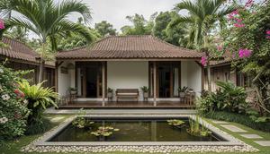 Model rumah minimalis desa dengan kolam ikan kecil di depan rumah. [Foto: Gemini]