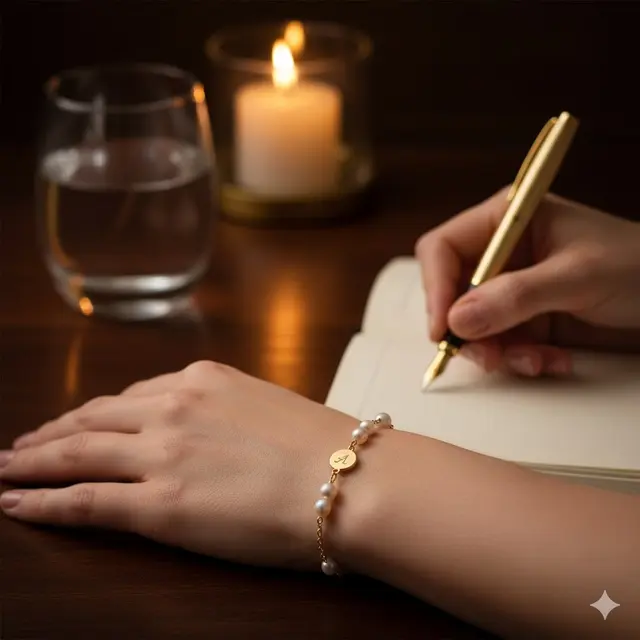 Gelang Rantai dengan Aksen Mutiara dan Charm Inisial