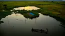 Nelayan menangkap ikan di dekat sawah di pinggiran Gauhati, India, Senin (27/5/2019). Lebih dari 70 persen penduduk India yang berjumlah 1,25 miliar terlibat dalam pertanian. (AP Photo/Anupam Nath)