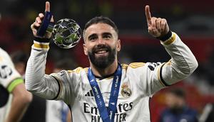 Bek kanan Real Madrid, Dani Carvajal dinobatkan sebagai MVP final Liga Champions 2023/2024. (AFP/Ina Fassbender)