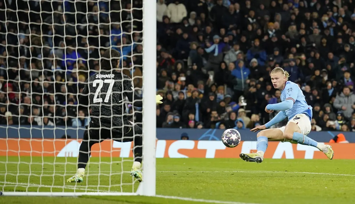 Tiga gol kemenangan Man City atas Bayern Munchen masing-masing diciptakan oleh Rodri, Bernardo Silva, dan Erling Haaland. (AP Photo/Dave Thompson)