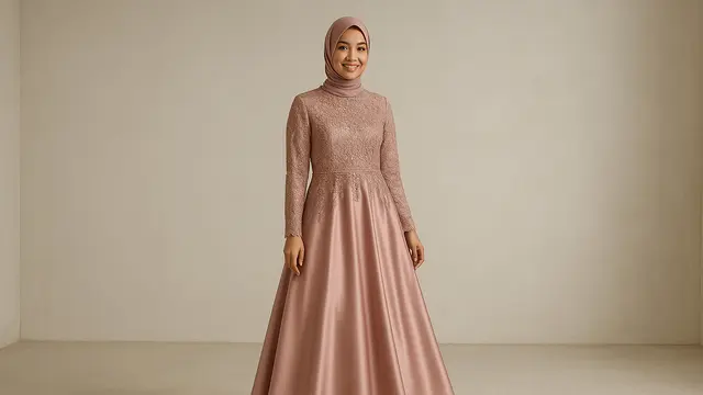 Model Gaun Pesta Muslimah Kombinasi Brokat dan Satin/Ilustrasi AI
