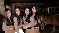 Sejumlah wanita cantik menjadi SPG di mall hewan kurban di kawasan Kelapa Dua, Depok, (17/9/14). (Liputan6.com/Miftahul Hayat)