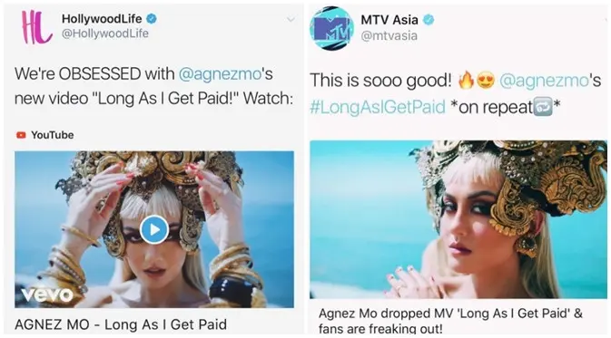 Long As I Get Paid dari Agnez Mo disorot media Internasional. (Foto: Hollywood Life, MTV Asia)