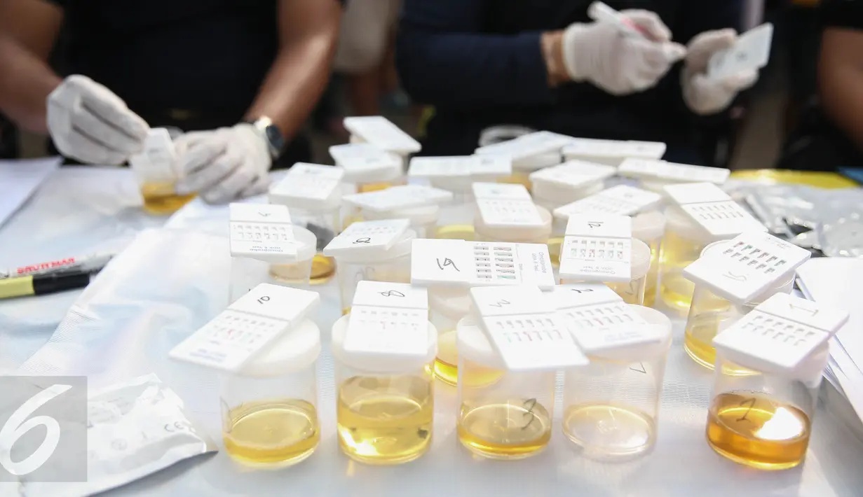 Petugas melakukan tes urine terhadap sejumlah warga yang diciduk petugas Polres Jakut saat penggerebekan Kampung Bahari, Tanjung Priok, Jakarta, Kamis (25/8). Penggerebekan dipimpin langsung Kasat Narkoba AKBP Bambang Gunawan. (Liputan6.com/Faizal Fanani)