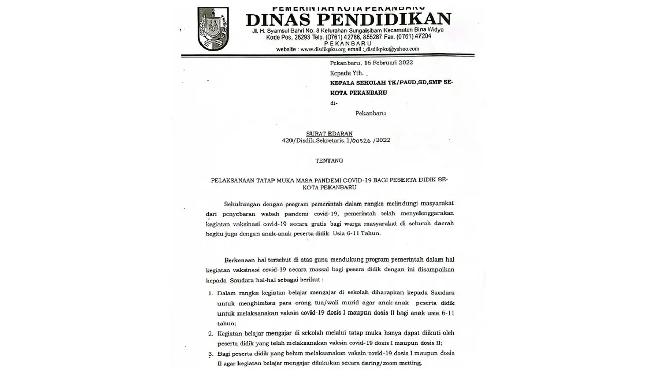 Surat edaran Pemerintah Kota Pekanbaru soal himbauan vaksinasi anak 6-11 tahun dan hanya boleh belajar daring bagi yang belum vaksin.