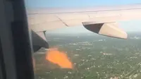 Mesin pesawat United Airlines yang terbakar setelah ada burung masuk ke dalamnya. (Twitter/Tim)