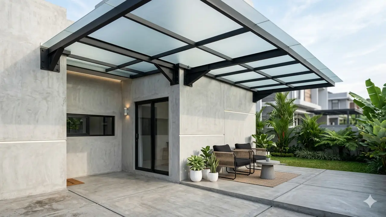 Inspirasi Kanopi Teras Rumah dengan Rangka Hitam Doff ala Rumah Urban