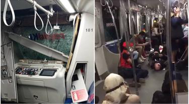 Bagian depan kereta LRT yang rusak setelah bertabrakan dengan kereta lain, menyebabkan cedera pada banyak penumpang. (Gambar: Twitter / Bernama / Prasarana Malaysia Berhad)