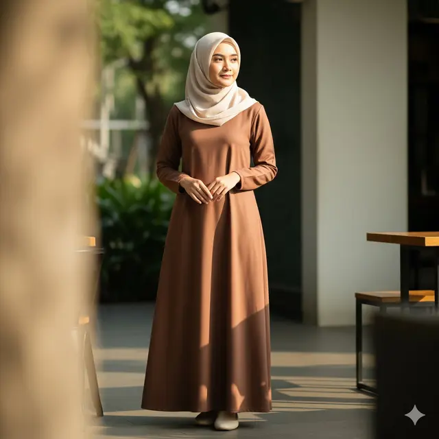 Dress Panjang Polos Warna Mocca dengan Hijab Cream