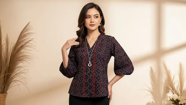 Blouse Batik V-Neck Lengan Balon