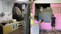Gajah di Thailand mendobrak dinding dapur rumah warga dan curi makanan. (Facebook/info.semasa)