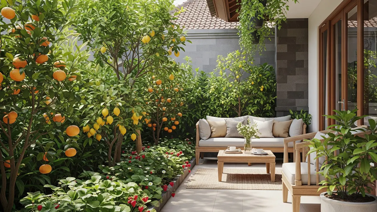Inspirasi Desain Teras Rumah Tropis dengan Kebun Buah Mini di Pinggir