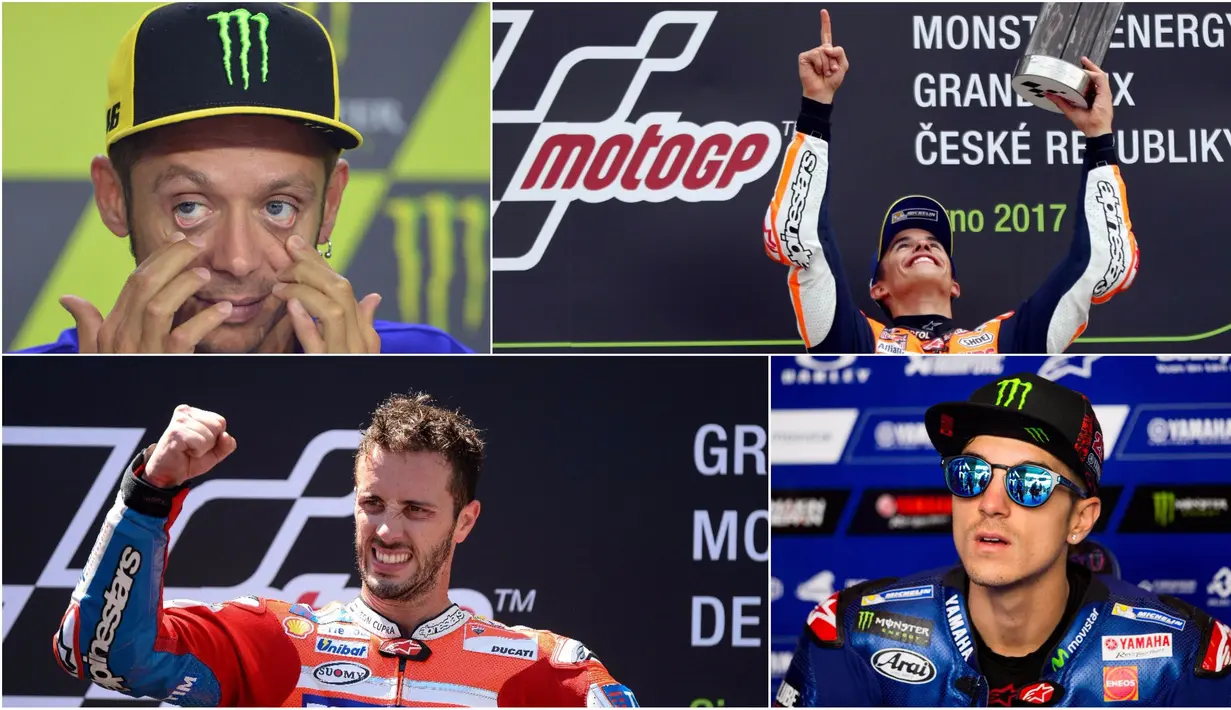 Berikut ini klasemen sementara MotoGP 2017 hingga GP Ceska di Sirkuit Brno. Marc Marquez masih teratas sementara Valentino Rossi tertahan di peringkat keempat. (Kolase foto-foto dari AP-AFP)