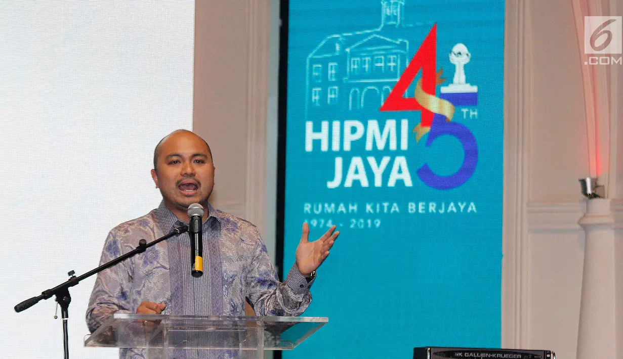 Ketua Umum HIPMI Jaya, Afifuddin Suhaeli Kalla memberikan sambutan pada perayaan HUT HIMPI Jaya ke - 45 di Jakarta, Selasa (30/4/2019). Perayaan yang dihadiri pengusaha dan tokoh senior HIPMI mengusung tema Rumah Kita Jaya. (Liputan6.com/HO/Dodi)