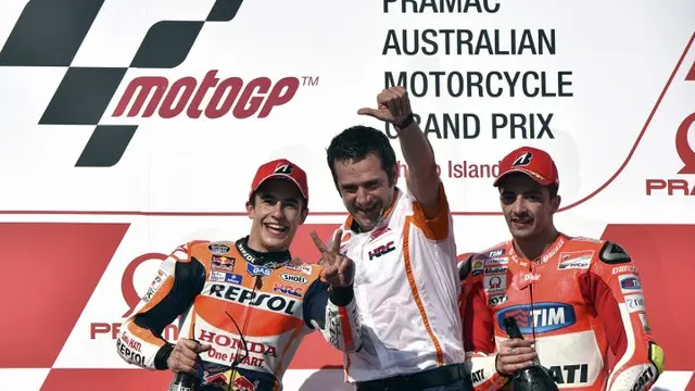 Marc Marquez pebalap tim Honda meraih kemenangan di sirkuit Phillip Island pada seri MotoGP Australia, Minggu (18/10/2015).