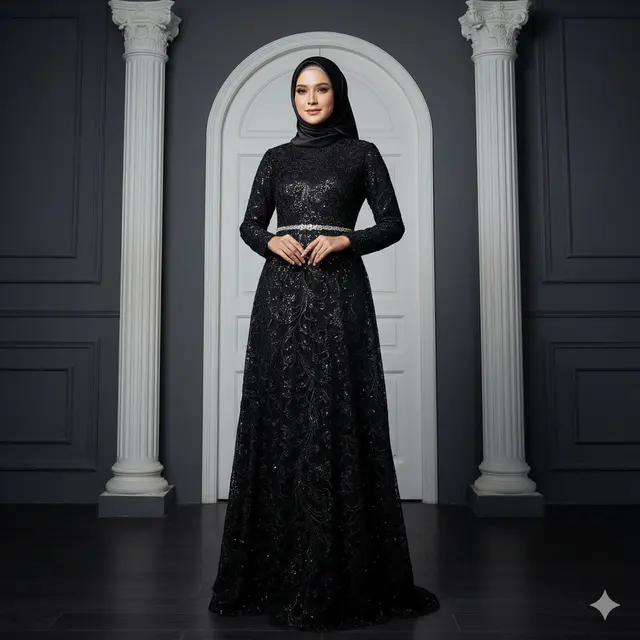 7 Model Gamis Hitam untuk Pesta Tren 2025 yang Elegan, Mewah dan Mudah Dipadukan