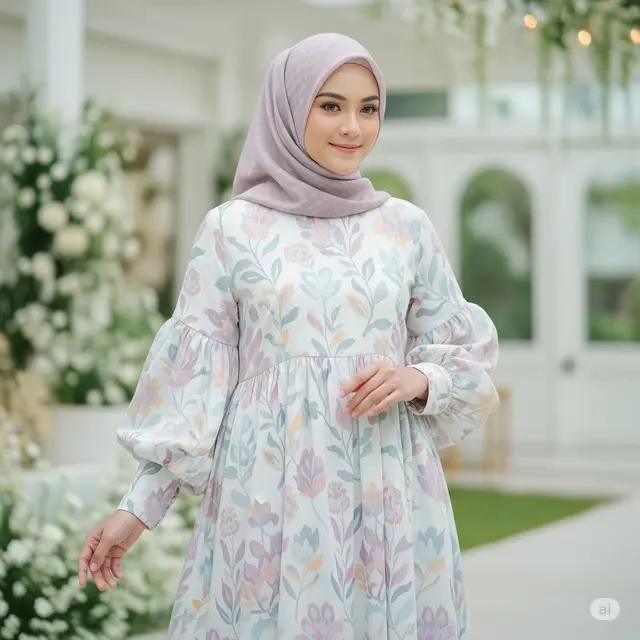 Model Gamis Bahan Katun Motif Bunga Terbaru 2025. Foto: Gemini