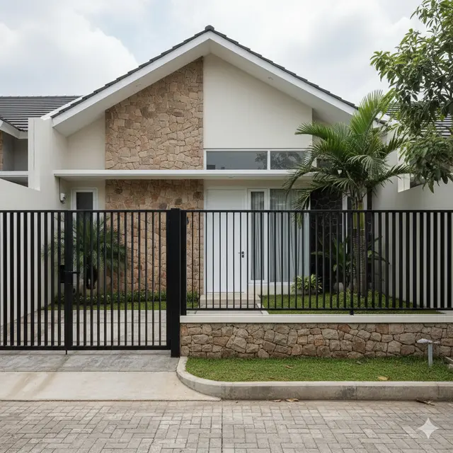 Gambar Rumah Minimalis Batu Alam dan Pagar Besi