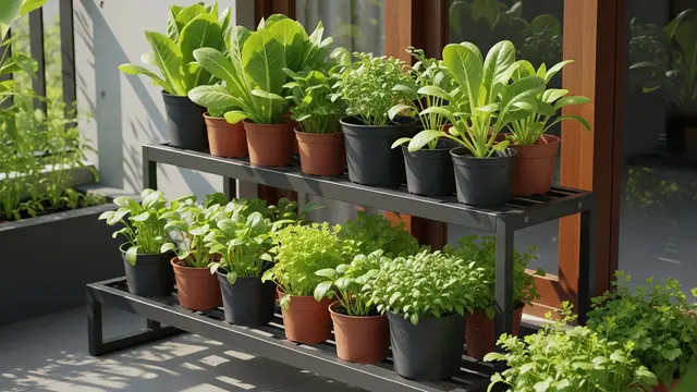 Kebun Sayur Kombinasi Pot Kecil dan Rak Besi