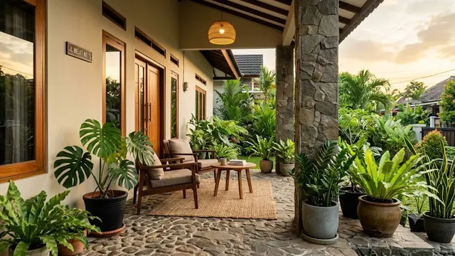 Inspirasi Teras Rumah Sederhana dengan Kombinasi Bunga Hias dan Batu Alam