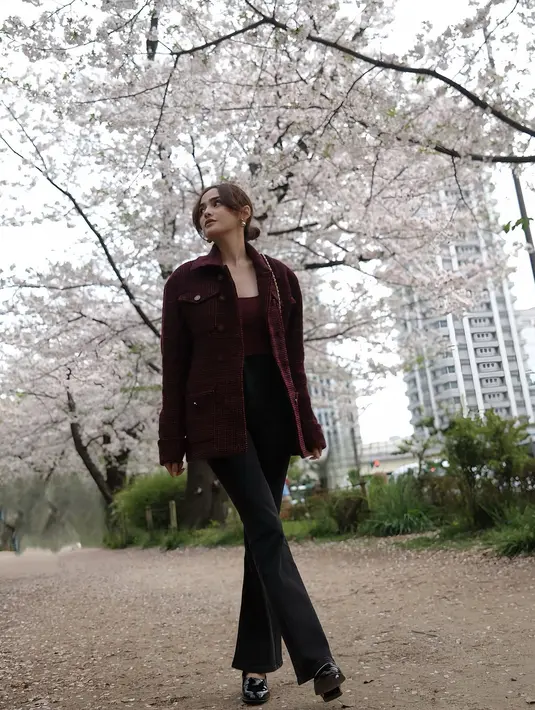Berlatar pohon sakura, Syifa Hadju kenakan corset top dengan tweed jacket burgundy dan celana cutbray [@syifahadju]