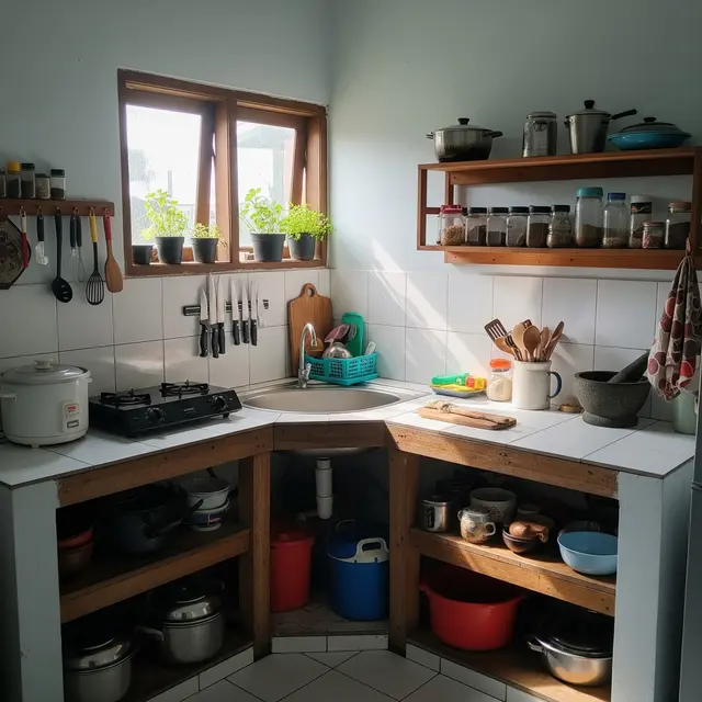 Inspirasi Dapur dengan Bak Cuci Piring Sudut yang Hemat Ruang dan Tidak Becek Model Penataan Terpusat