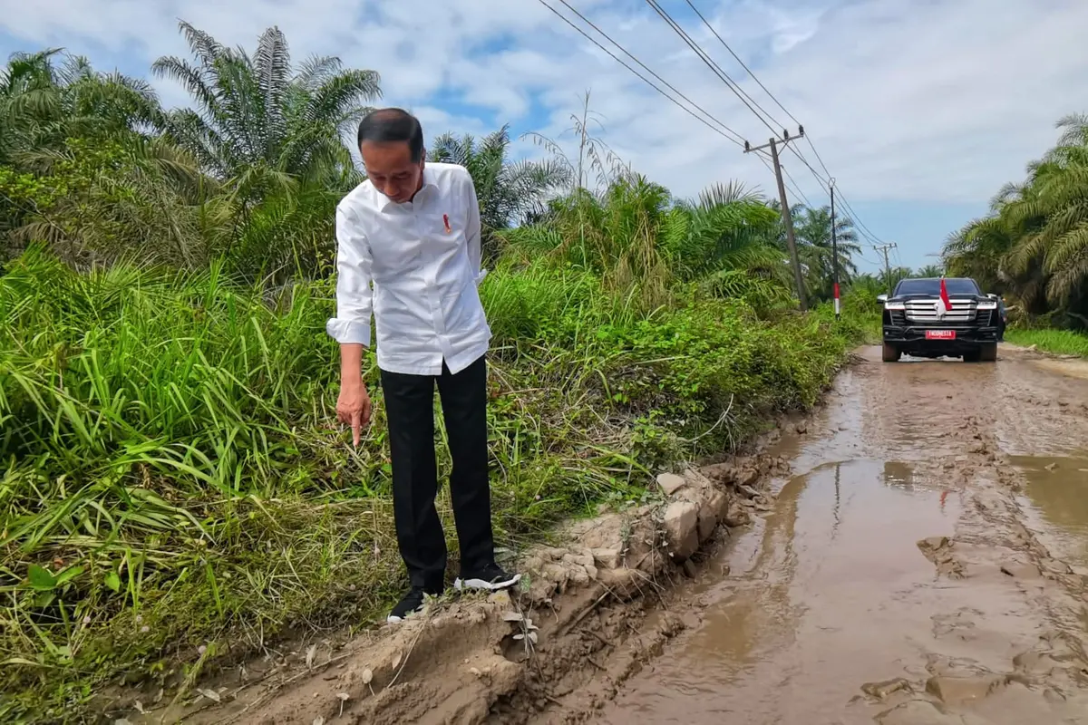 Presiden Joko Widodo atau Jokowi meninjau jalan rusak di Sumatera Utara. (Biro Pers Sekretariat Presiden/Agus Suparto)