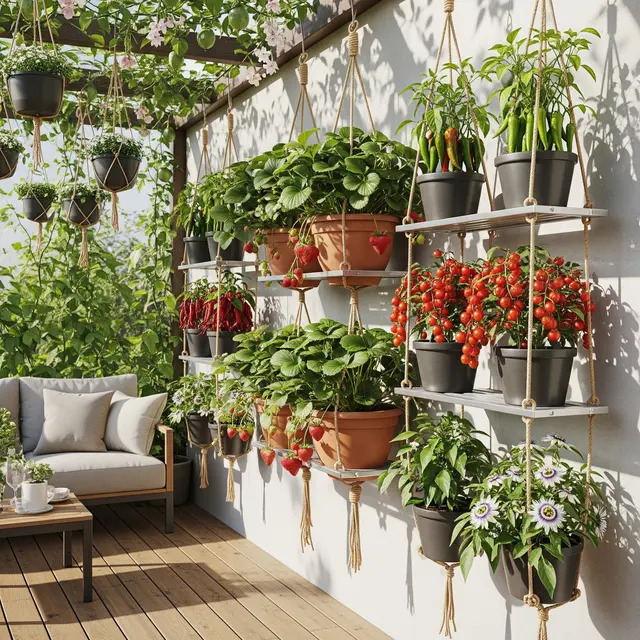 Inspirasi Teras Rumah dengan Tanaman Buah di Rak Vertikal (Image by Gemini AI)