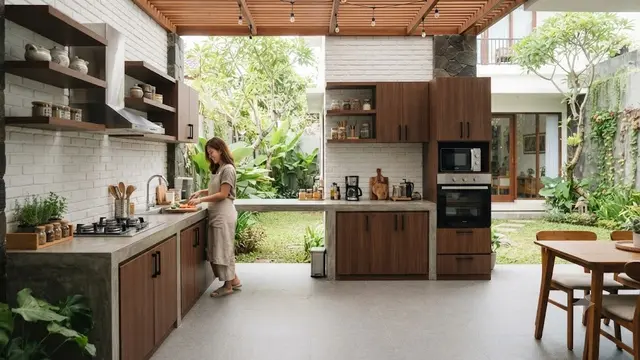 Model Dapur Terbuka Bentuk L dengan Kabinet Dua Sisi (AI Generated)
