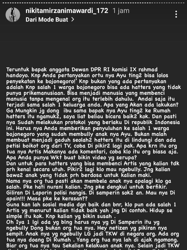 Unggahan Nikita Mirzani. (Foto: Instagram @nikitamirzanimawardi_172)