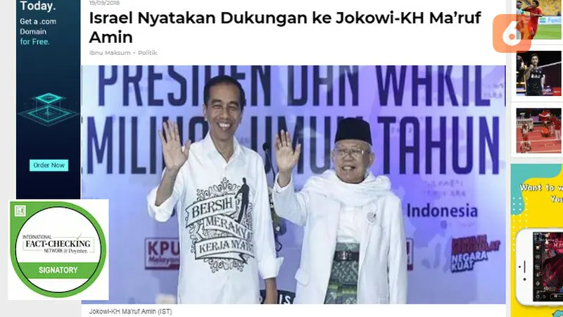 Banner - Cek Fakta - Screenshot situs yang menulis dukungan Israel ke Jokowi-Ma'ruf