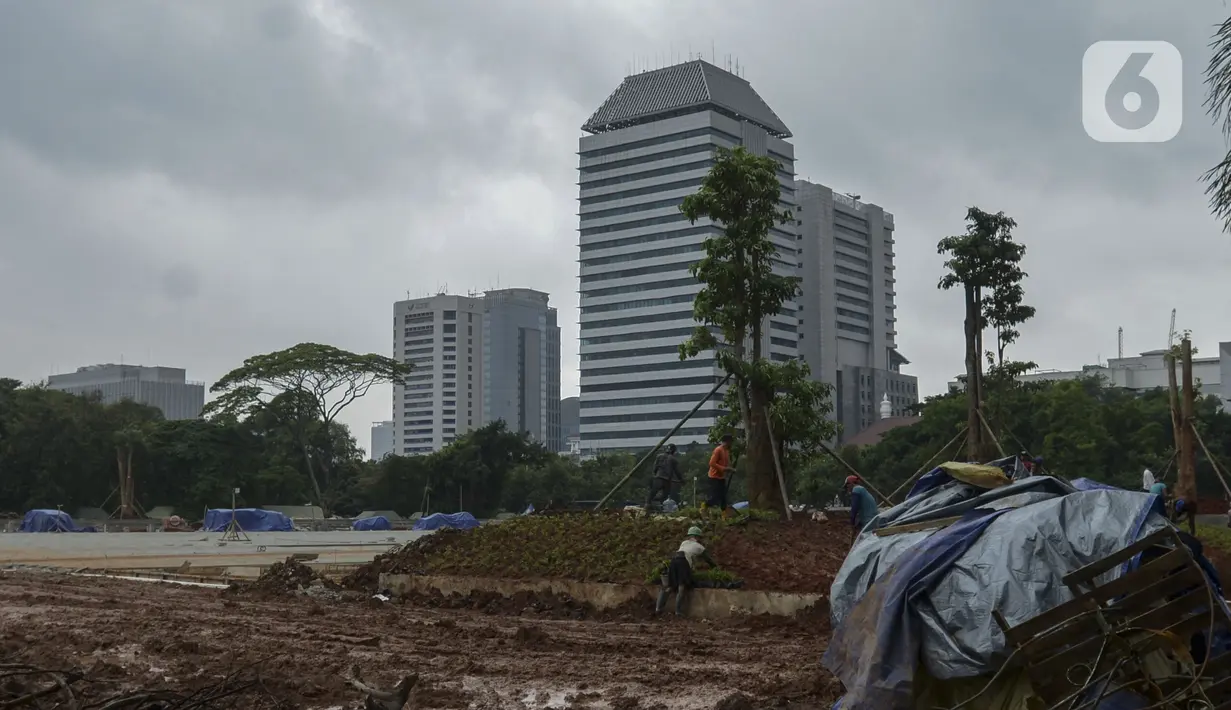 Pekerja melakukan penanaman kembali pohon-pohon di area proyek revitalisasi Taman Sisi Selatan Monumen Nasional, Jakarta, Rabu (5/2/2020). Penanaman dilakukan untuk mengganti pohon lama yang ditebang saat pembangunan proyek Plaza Selatan serta bagian dari penghijauan Monas. (merdeka.com/Imam Buhori)