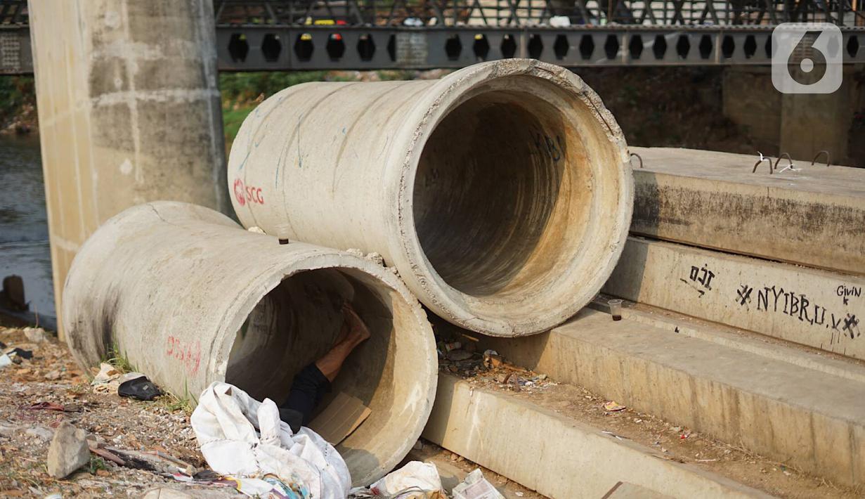 Tiang pancang dan saluran gorong-gorong menghiasi bantaran Sungai Ciliwung di kawasan Rawajati, Jakarta, Rabu (30/10/2019). Tiang-tiang pancang itu merupakan sisa proyek normalisasi Sungai Ciliwung dan telah berada di bantaran tersebut selama beberapa tahun terakhir. (Liputan6.com/Immanuel Antonius)