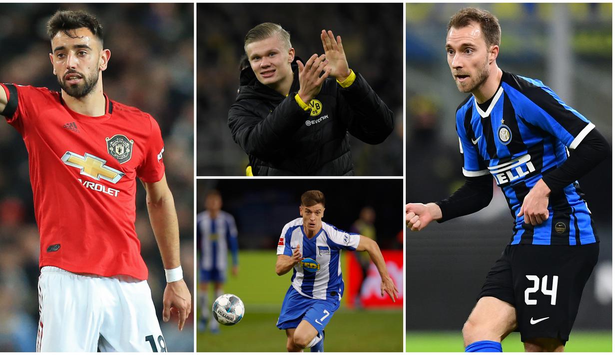 Berikut ini daftar pemain yang mewarnai bursa transfer musim dingin 2020. Diantaranya Erling Haaland, Bruno Fernandes dan Christian Eriksen. (Foto Kolase AFP)