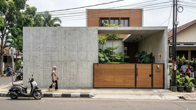 Gambar Fasad Rumah Minimalis dengan Kombinasi Kayu dan Beton