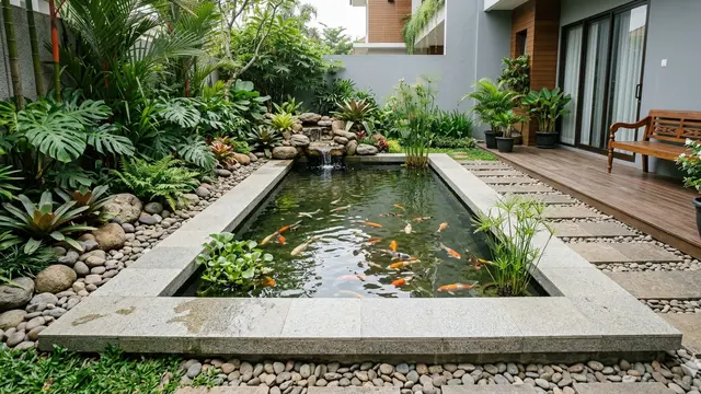 Inspirasi Kolam Ikan Keluarga yang Minim Risiko Terpeleset. AI Generated