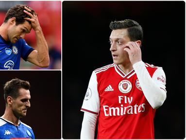 Mesut Ozil mengalami masa sulit di Arsenal pada musim ini. Bukan karena performanya yang menurun akan tetapi statusnya dibekukan oleh klub karena hubungannya yang buruk dengan sang pelatih. Berikut 4 pemain yang tengah dibekukan di timnya pada musim ini. (kolase foto AFP)